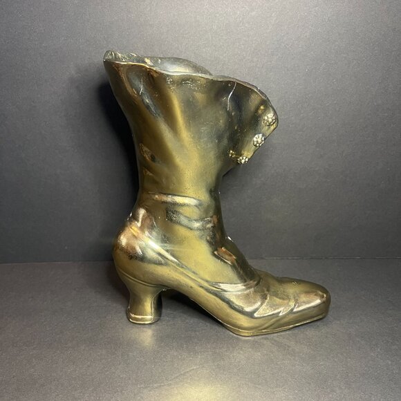 Vintage Victorian Cast Iron Brass-Plated Decorative Ladies Boot Planter Vase - Picture 3 of 7